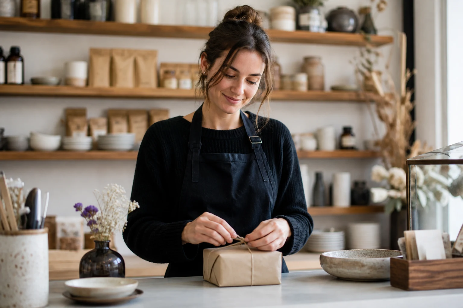 Independent retailer working in her shop